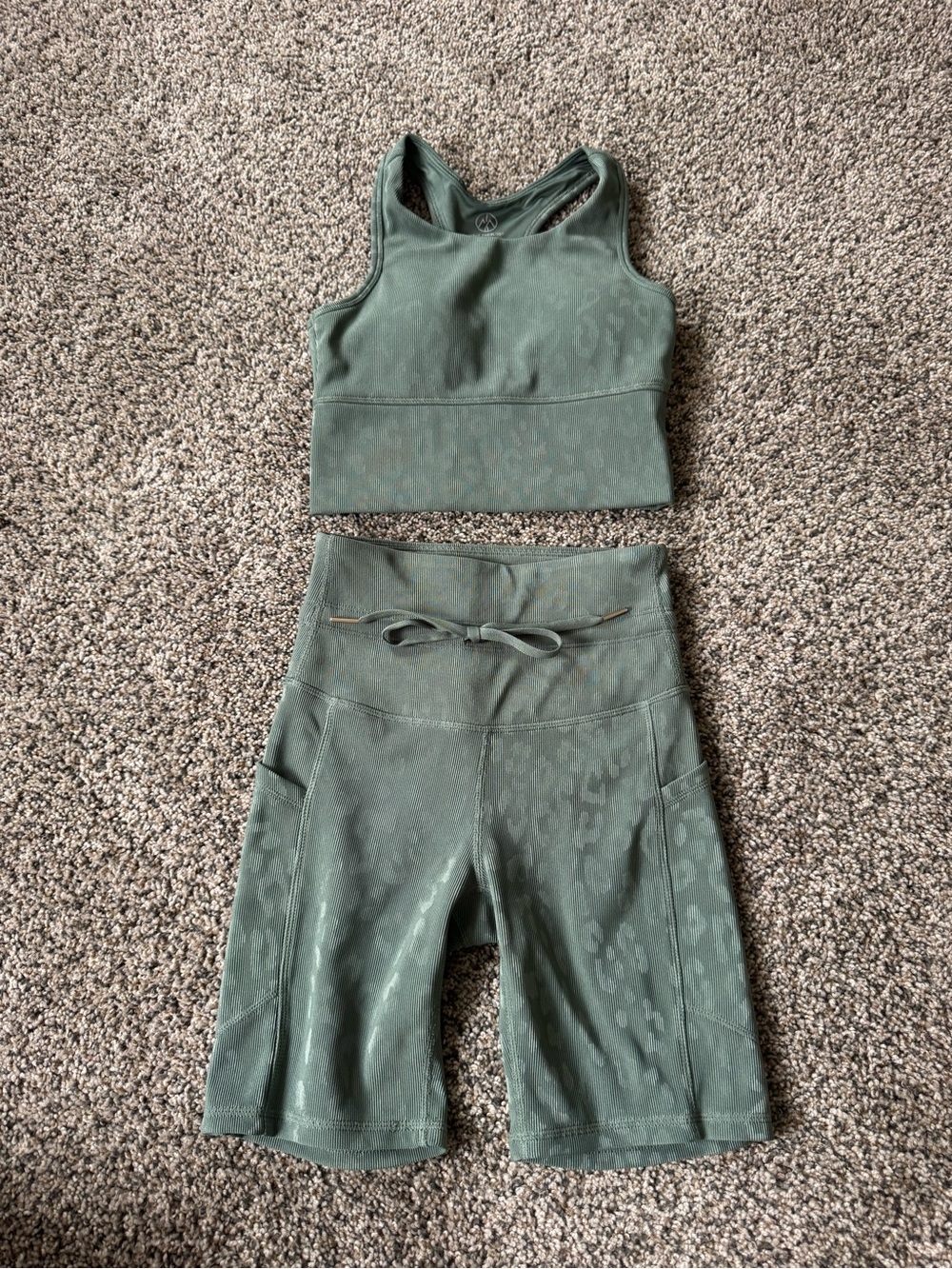 Women's Olive Green High-Waist Athletic Shorts and Top with Subtle Pattern